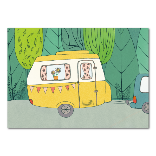 ansichtkaart gele caravan